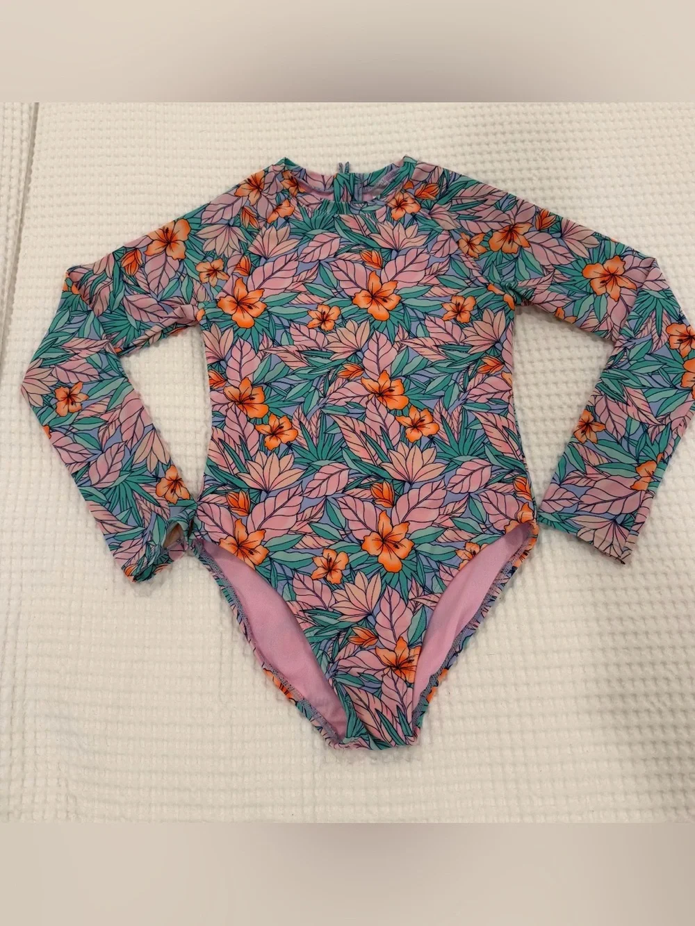 Girls' Long-Sleeve Floral One Piece Rashguard Swimsuit (Size: L)